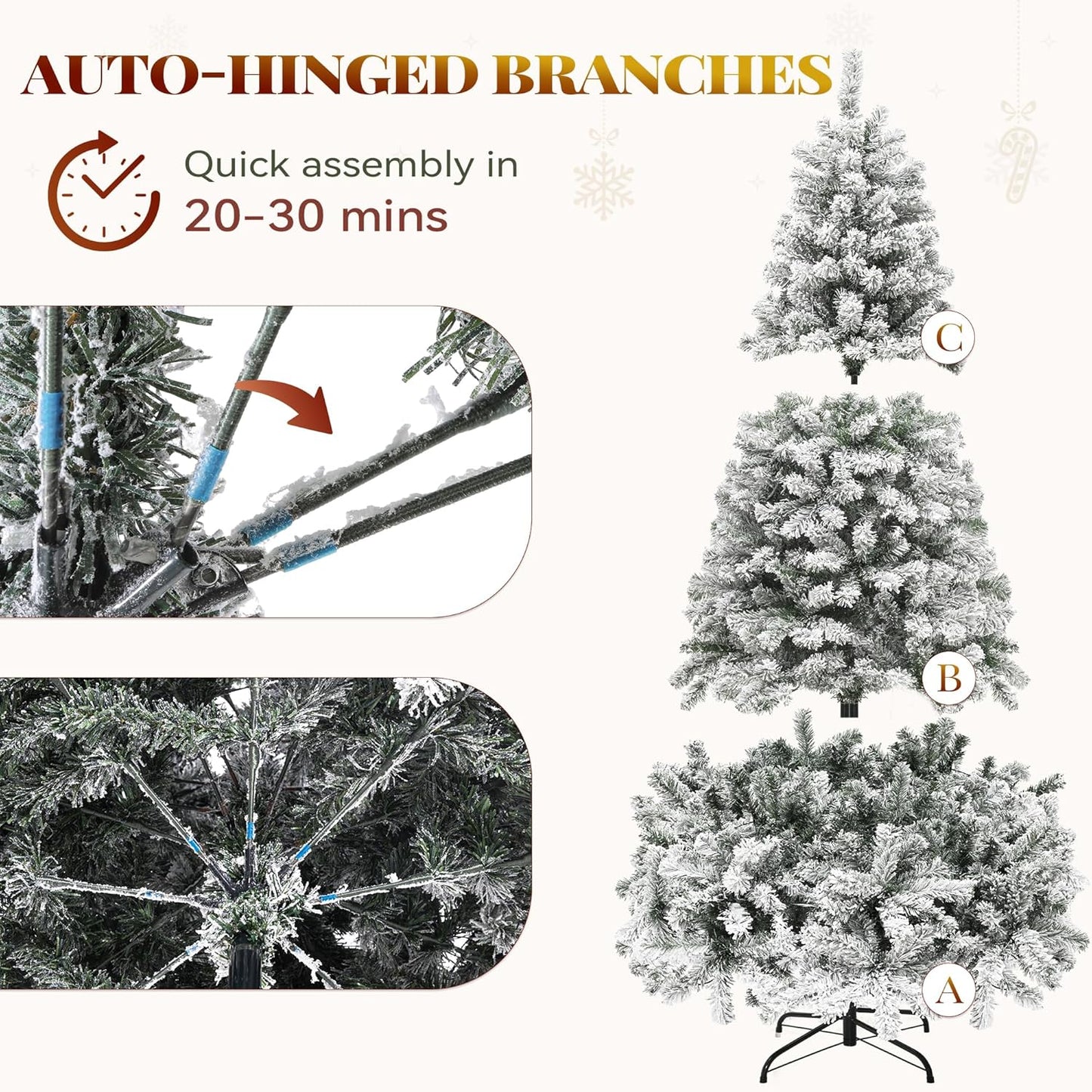 Prelit Snow Flocked Artificial Full Christmas Tree, 6Ft Christmas Pine Tree with 8 Light-Modes, 800 Branch Tips, and Foldable Base for Home, Party Decoration