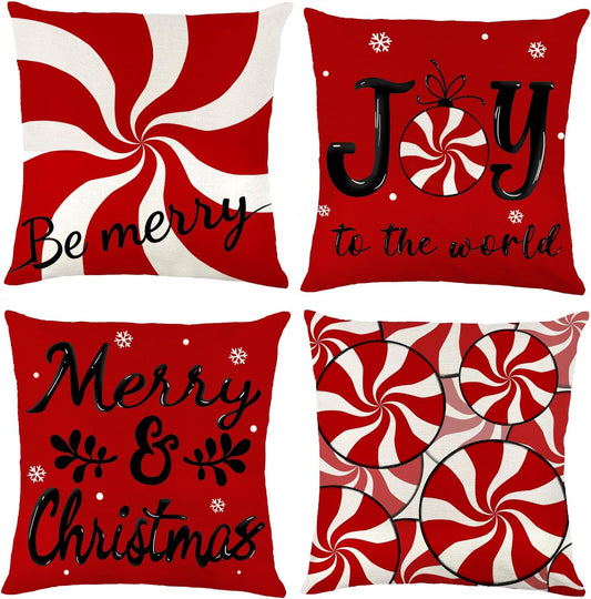 Christmas Candy Pillow Covers, 18X18 Set of 4 Red White Christmas Throw Cushion Case Be Merry Christmas for Winter Holiday Sofa Couch Home Decoration