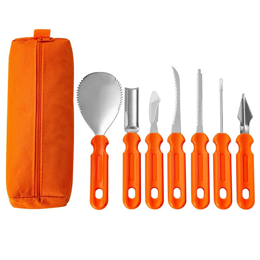 "Ultimate 7-Piece Pumpkin Carving Kit - Professional Heavy Duty Stainless Steel Tools with Durable Handbag for Perfect Halloween Decorations!"