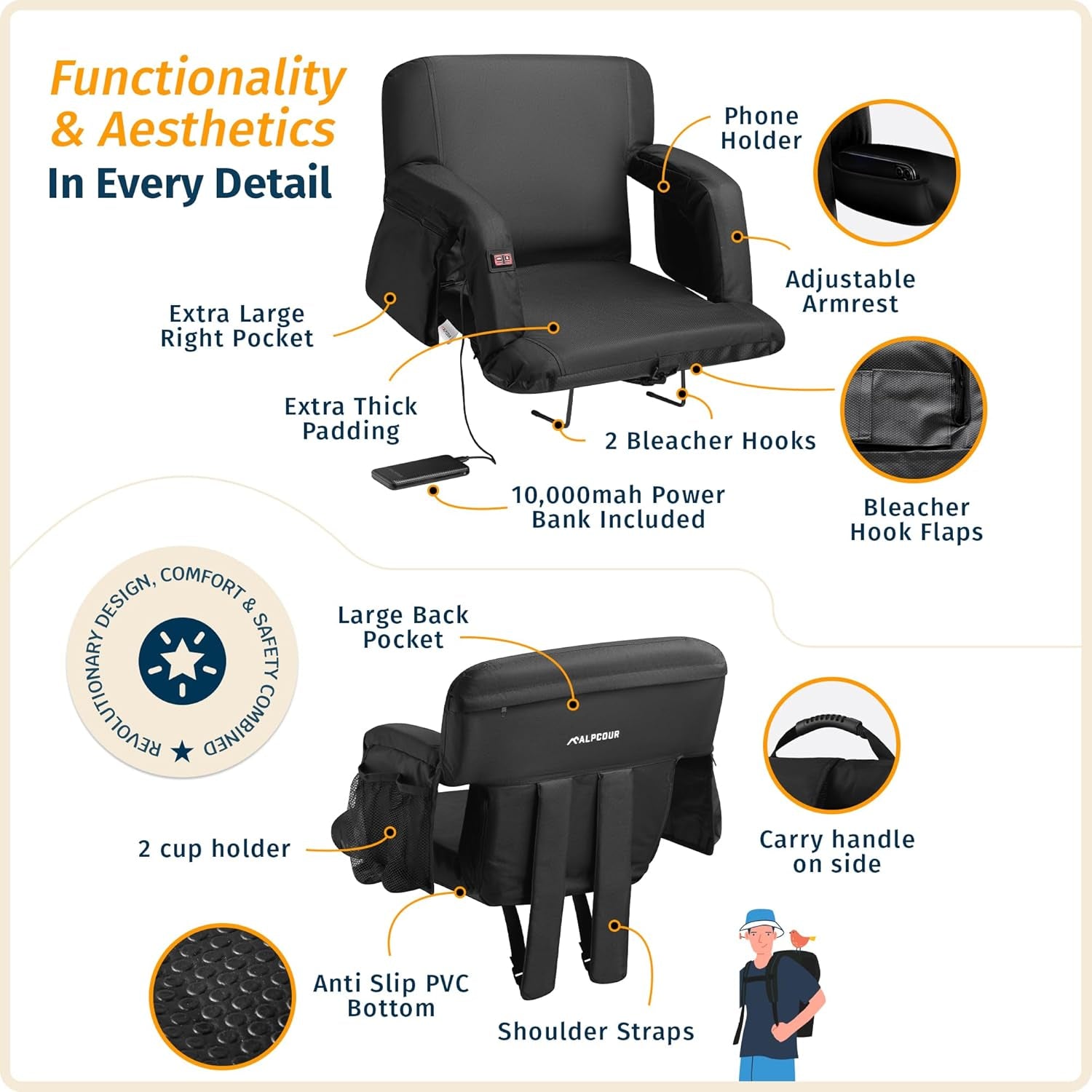 Heated Massage Reclining Stadium Seat for Bleachers – Wide Bleacher Chair with Back Support and Cushion, Armrests, Large Pockets, and Multiple Safety Features – Best Stadium Seats Chairs