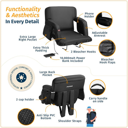 Heated Massage Reclining Stadium Seat for Bleachers – Wide Bleacher Chair with Back Support and Cushion, Armrests, Large Pockets, and Multiple Safety Features – Best Stadium Seats Chairs