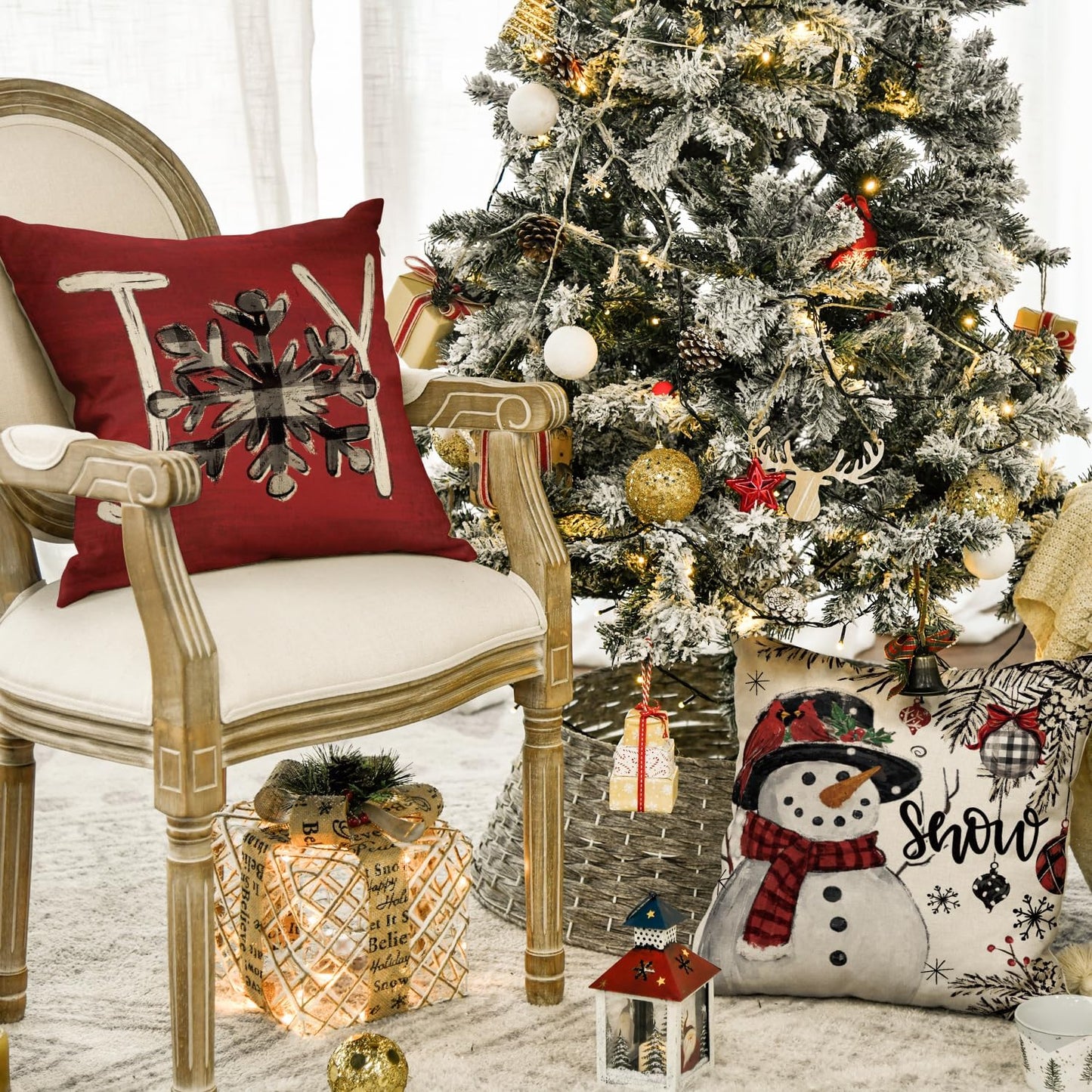 Joy Christmas Let It Snow Snowman Reindeer Throw Pillow Covers, 18 X 18 Inch Xmas Snowflake Winter Holiday Cushion Case Decoration for Sofa Couch Set of 4