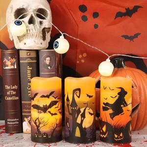 Dromance Halloween LED Flameless Pillar Candles Battery Operated with 6 Hour Timer Set of 3 Orange Wax Warm Light Flickering Witch Bats Castle Spooky Decals Halloween Decor Gifts(3 X 6 Inch) DRomance