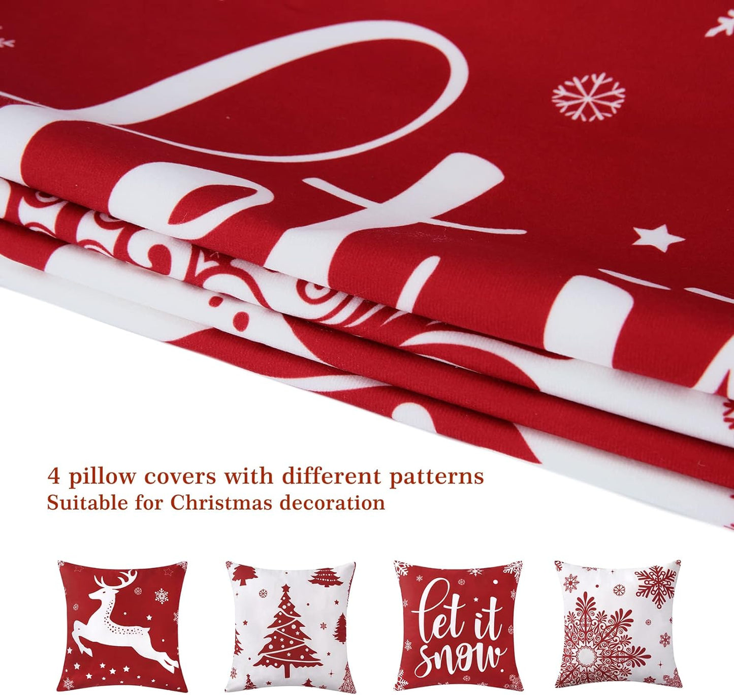 Christmas Decorations Velvet Pillow Covers 18X18 Inch Set of 4 Farmhouse Outdoor Decorative Pillows Winter Holiday Decor Snowflake Xmas Tree Deer Throw Cushion Covers for Sofa Couch, Red