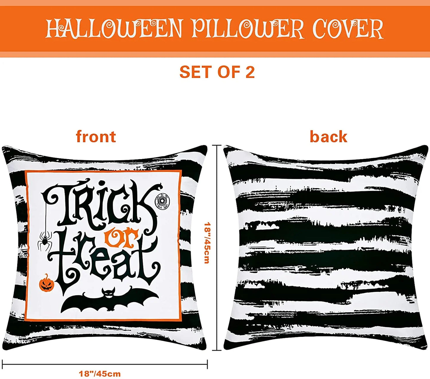 "Spooktacular Black and White Striped Halloween Throw Pillow Covers - Set of 2, 18x18 Inches, Perfect Trick or Treat Decor!"