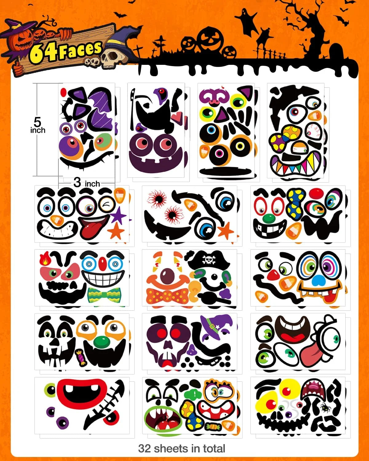 "64 Packs of Fun Halloween Pumpkin Face Stickers - Perfect for Kids' Parties & Trick or Treat Favors!"