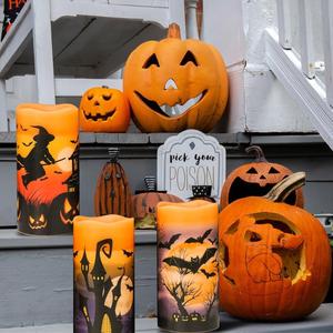 Dromance Halloween LED Flameless Pillar Candles Battery Operated with 6 Hour Timer Set of 3 Orange Wax Warm Light Flickering Witch Bats Castle Spooky Decals Halloween Decor Gifts(3 X 6 Inch) DRomance