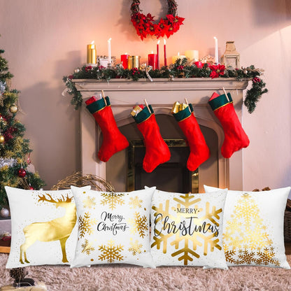 Christmas Decorations Gold White Throw Pillow Covers 18X18 Set of 4 Snowflakes Reindeer Decorative Cushion Cases Xmas Golden Decor for Couch Sofa Bedroom