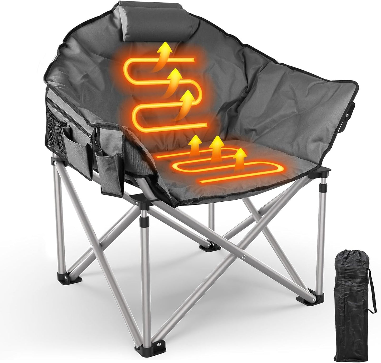 Heated Camping Chair Oversized, Padded Heated Chair Outdoor Sports, 3 Heating Levels Adjustable Camping Chairs for Adults with Pillow, Storage Bag, Folding Outdoor Chair, Grey