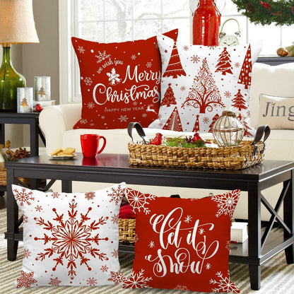 Christmas Throw Pillow Covers 18X18 Set of 4, Merry Christmas Winter Xmas Snowflake Decorative Holiday Cushion Pillow Cases 18 X 18 for Outdoor Indoor Farmhouse Home Room Couch Decor (Red)