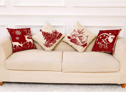 4PCS 18"X18" Throw Pillow Covers Christmas Decorative Couch Pillow Cases Cotton Linen Pillow Square Cushion Cover for Sofa, Couch, Bed (Red and Beige)