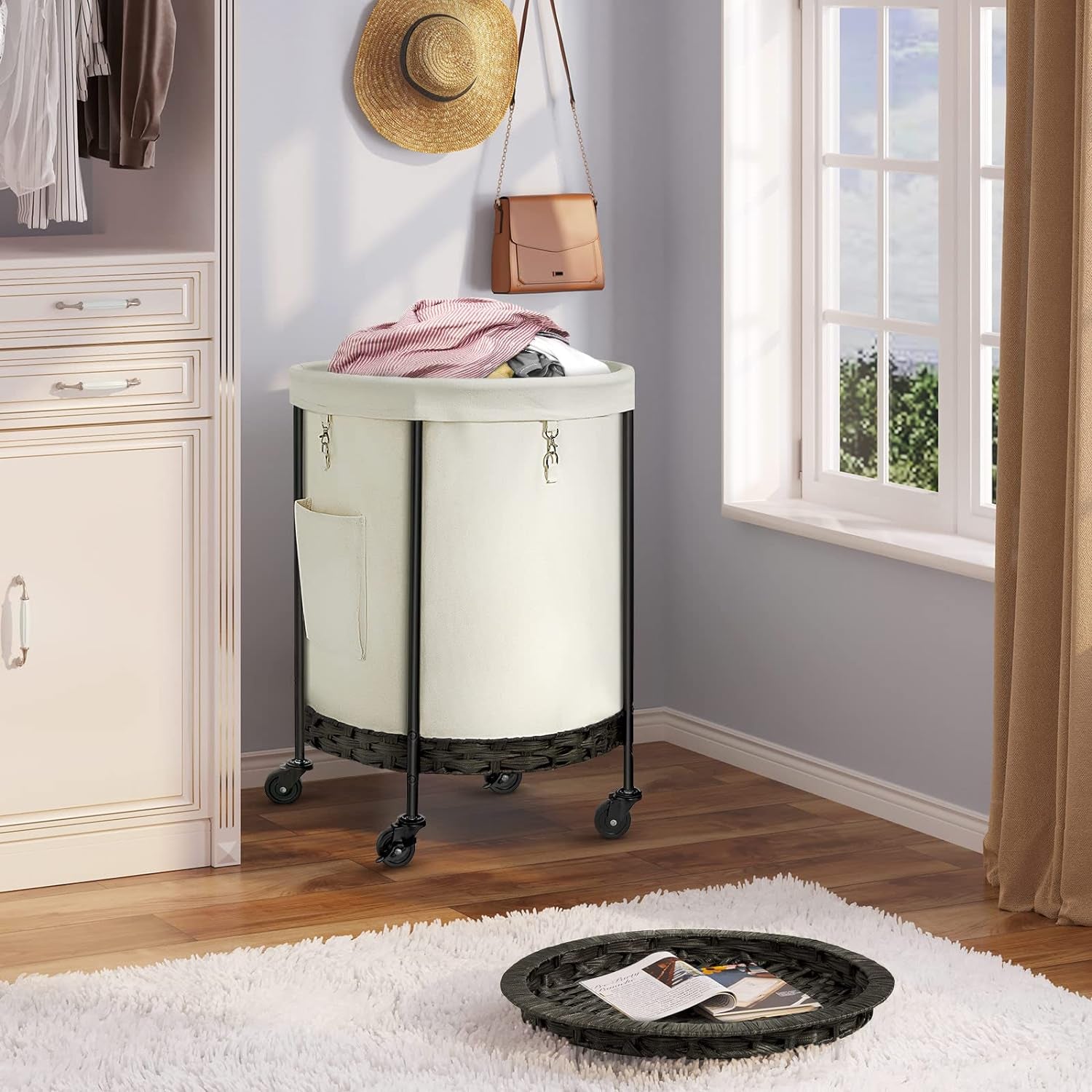 Laundry Hamper with Lid, 52.3 Gal Oversized Laundry Basket with Wheels, Rolling round Laundry Cart with Steel Frame and Removable Bag, 4 Casters and 2 Brakes, White