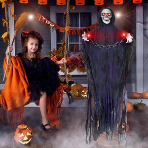 74'' Halloween Animatronics Hanging Grim Reaper with Chain, Spooky Halloween Skeleton Flying Ghost Light up Eyes Sound Activated, Halloween Outdoor Decorations, Haunted House Yard Holiday Decor WELL WITHYOU