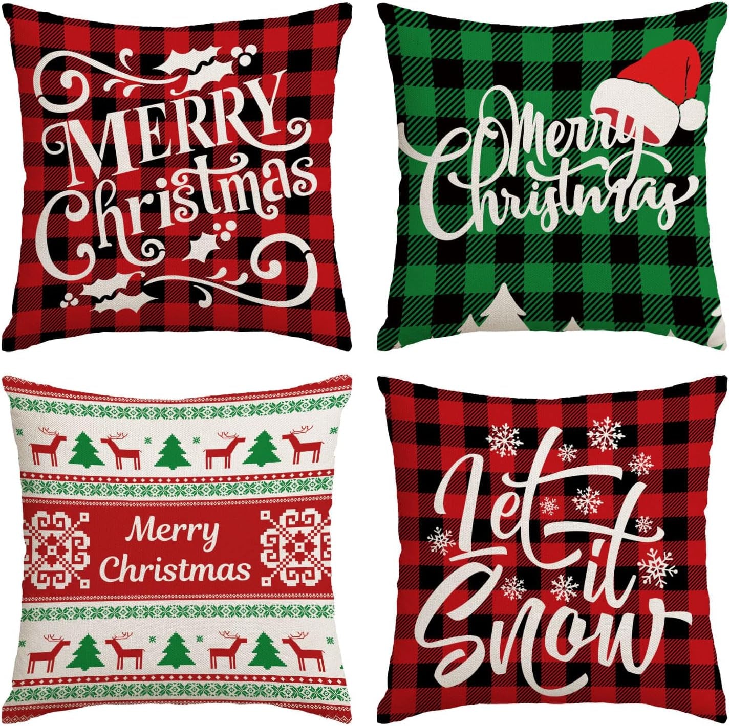 Christmas Pillow Covers 18X18 Set of 4 Red Green Xmas Decorative Throw Pillows Christmas Tree Deer Santa Pillow Cases Home Outdoor Sofa Couch Cushion Covers for Christmas Decorations (18 by 18)