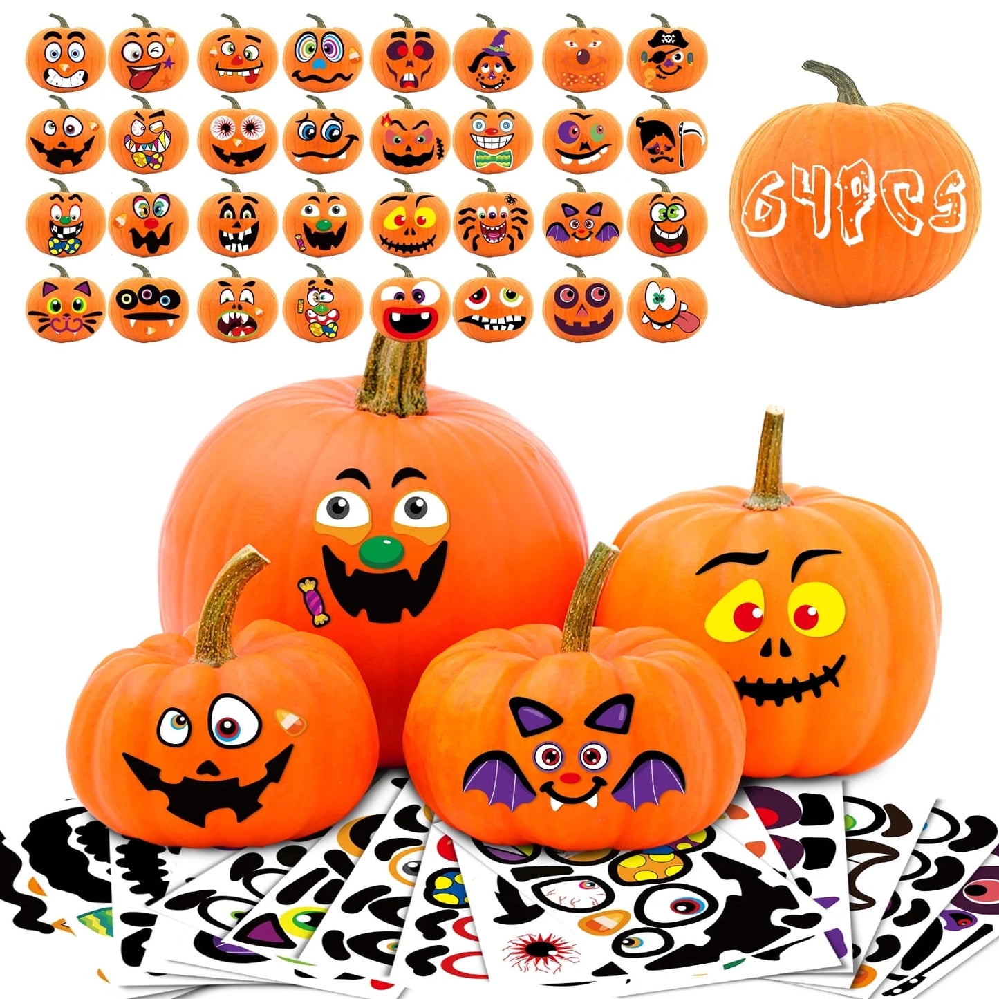 "64 Packs of Fun Halloween Pumpkin Face Stickers - Perfect for Kids' Parties & Trick or Treat Favors!"