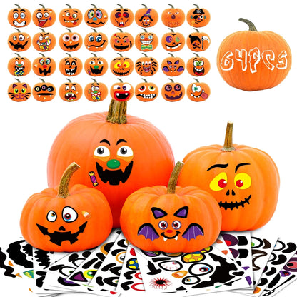 "64 Packs of Fun Halloween Pumpkin Face Stickers - Perfect for Kids' Parties & Trick or Treat Favors!"