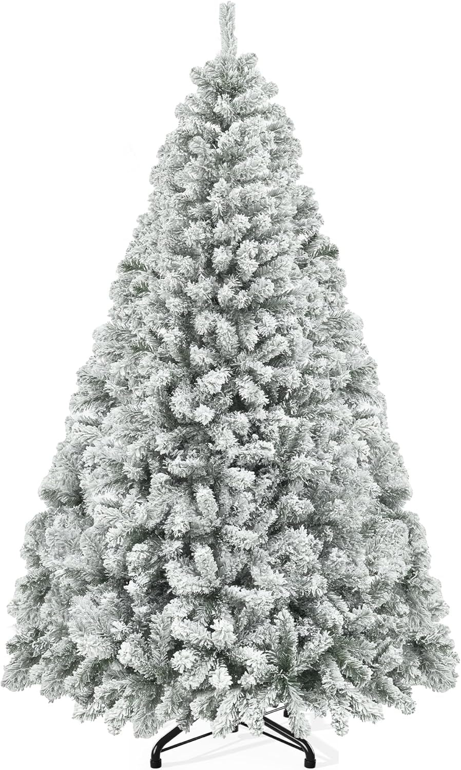 Snow Flocked Artificial Full Christmas Tree, 7.5Ft Christmas Pine Tree with 1346 Branch Tips, and Foldable Base for Home, Party Decoration