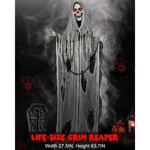 Life-Size Animated Grim Reaper Halloween Decor - Touch & Sound Activated Lights & Sounds, Battery Operated Haunted House Prop for Outdoor Yard Decorations Nagudenfo