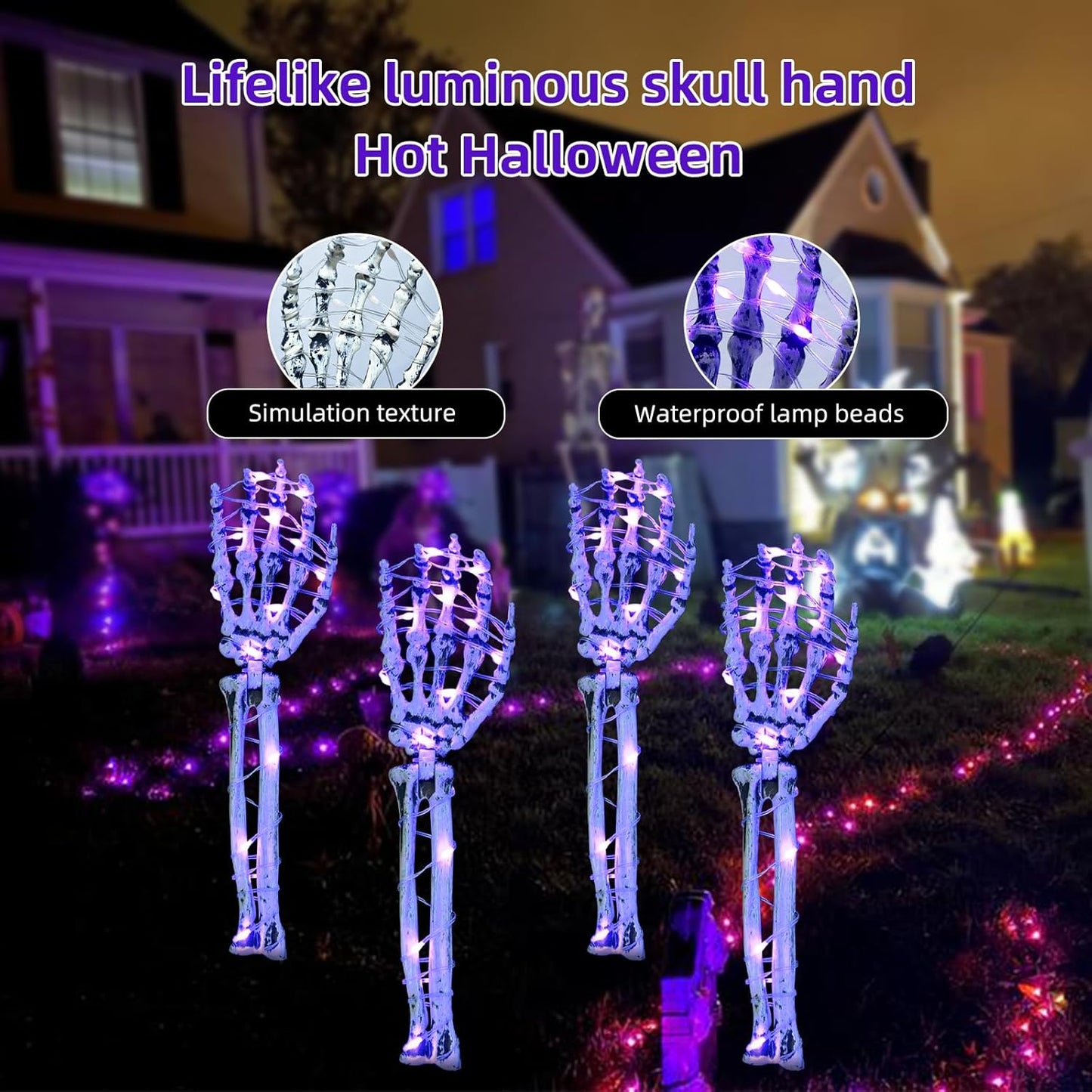 Halloween Decorations Outdoor Skeleton Arm 4 Pack -  Light up Skeleton Hands with 80 Leds, 8 Lighting Modes, and Timer, for Front Yard Porch Gardens Lawns Halloween Party