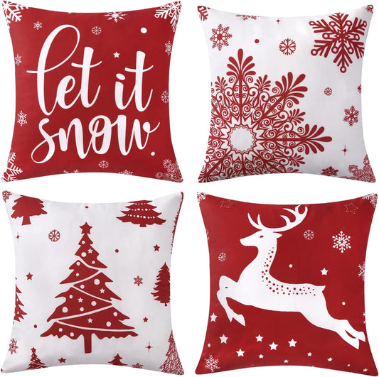 Christmas Decorations Velvet Pillow Covers 18X18 Inch Set of 4 Farmhouse Outdoor Decorative Pillows Winter Holiday Decor Snowflake Xmas Tree Deer Throw Cushion Covers for Sofa Couch, Red