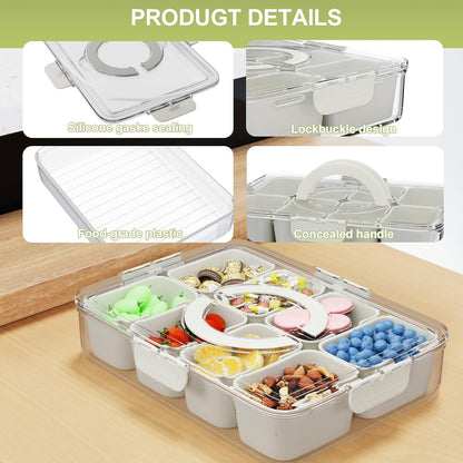 8 Compartments Snack Box Snackle Container, Divided Serving Tray with Lid ＆ Handle for Veggie Fruit Candy,Clear Removable Fridge Clear Serving Platters and Trays Box Organizer for Picnic Party Travel