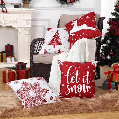 Christmas Decorations Velvet Pillow Covers 18X18 Inch Set of 4 Farmhouse Outdoor Decorative Pillows Winter Holiday Decor Snowflake Xmas Tree Deer Throw Cushion Covers for Sofa Couch, Red