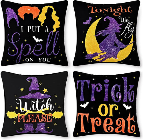 "Spooktacular  Halloween Pillow Covers - Set of 4, 18x18 Inch Trick or Treat Decorative Throw Pillows in Black!"