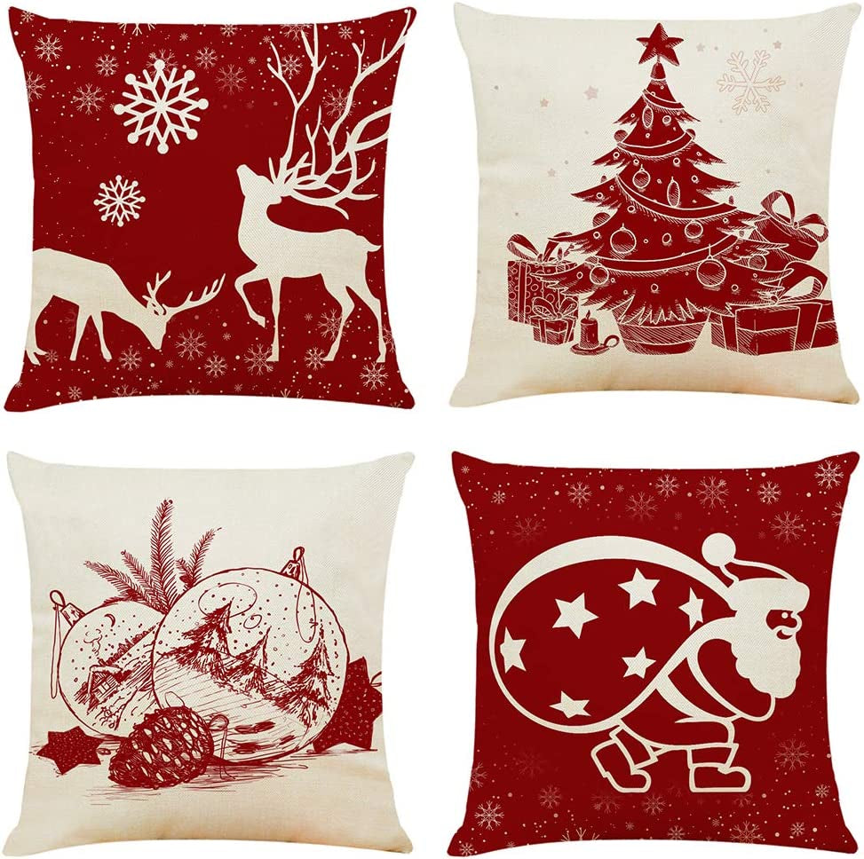 4PCS 18"X18" Throw Pillow Covers Christmas Decorative Couch Pillow Cases Cotton Linen Pillow Square Cushion Cover for Sofa, Couch, Bed (Red and Beige)