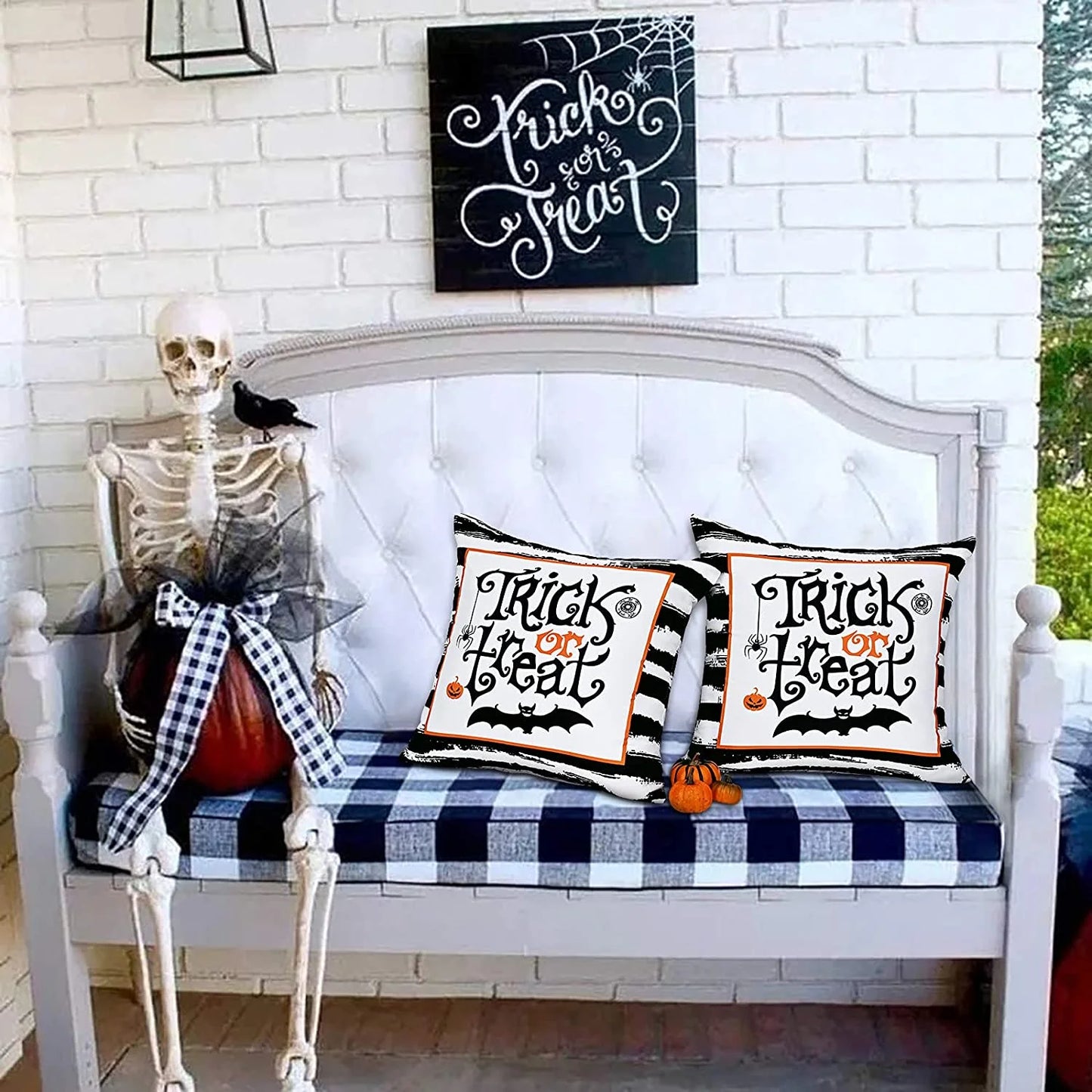 "Spooktacular Black and White Striped Halloween Throw Pillow Covers - Set of 2, 18x18 Inches, Perfect Trick or Treat Decor!"