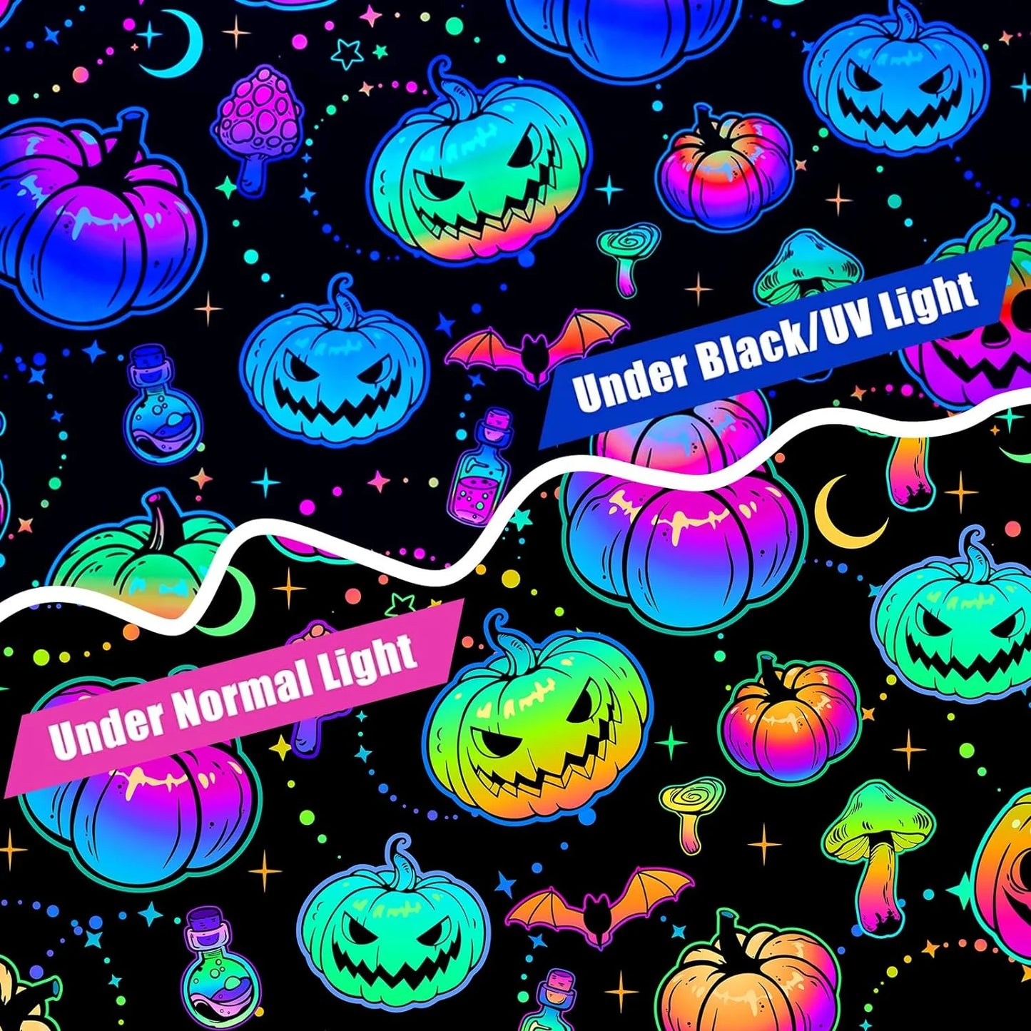 "Spooktacular  Blacklight Halloween Shower Curtain with Hooks - Waterproof Pumpkin Design for Festive Bathroom Decor, 69"X70""