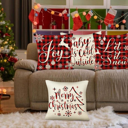 Christmas Pillow Covers 18X18 Set of 4 Christmas Decorations White and Red Pillow Cases Winter Outdoor Decor Snowflake Deer Xmas Tree Cushion Covers for Couch Sofa Bed Car