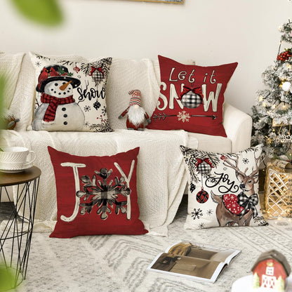 Joy Christmas Let It Snow Snowman Reindeer Throw Pillow Covers, 18 X 18 Inch Xmas Snowflake Winter Holiday Cushion Case Decoration for Sofa Couch Set of 4