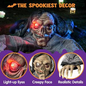 Spooktacular Zombie Groundbreaker - Creepy Decayed Face Halloween Yard Decor with Spooky Eyes for Graveyard Theme