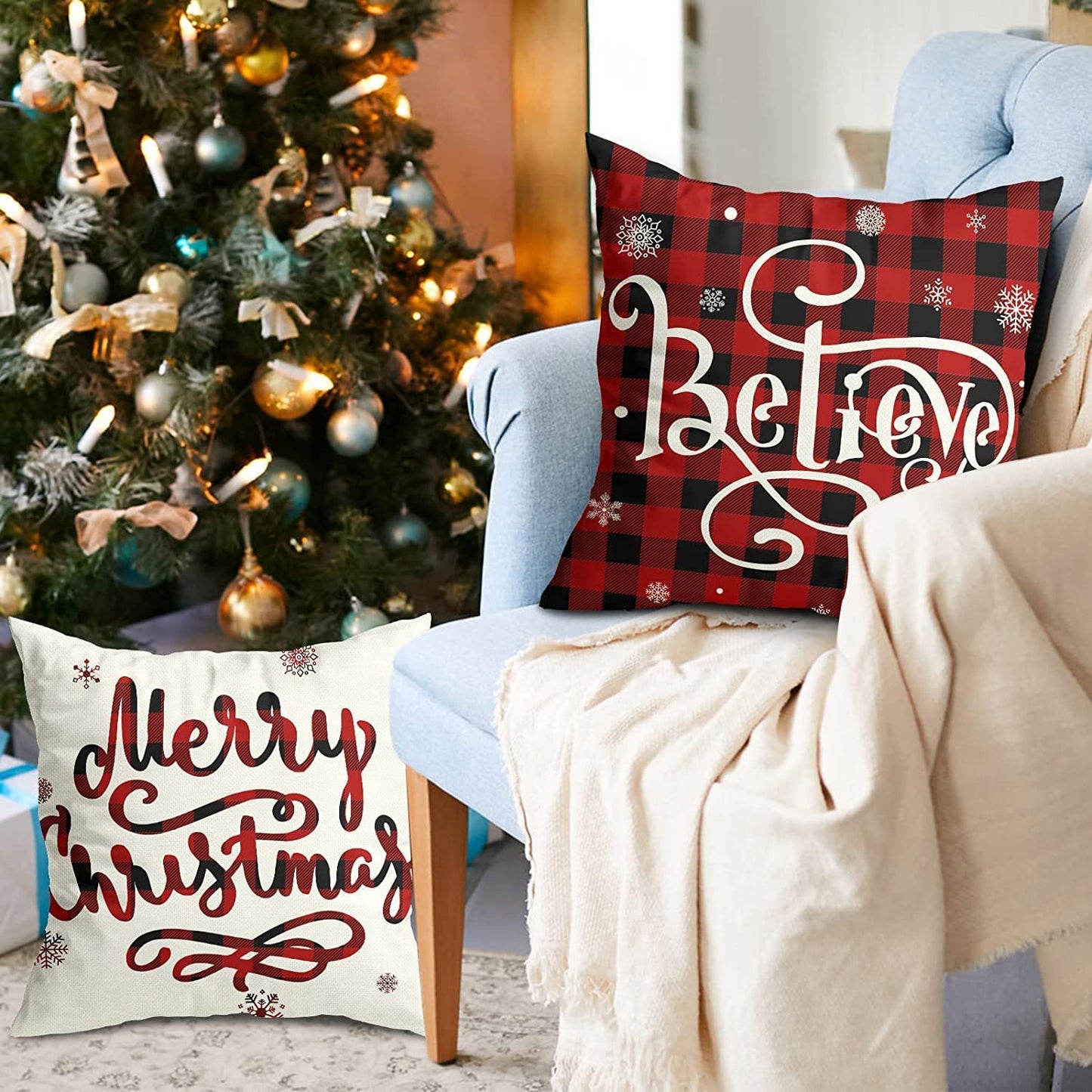 Christmas Decorations Christmas Pillow Covers 18X18 Inches Set of 4 Farmhouse Buffalo Plaid Black and Red Throw Pillow Case Winter Holiday Christmas Decor Home Sofa Couch Cushion Indoor Decorations