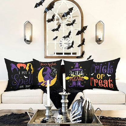 "Spooktacular  Halloween Pillow Covers - Set of 4, 18x18 Inch Trick or Treat Decorative Throw Pillows in Black!"