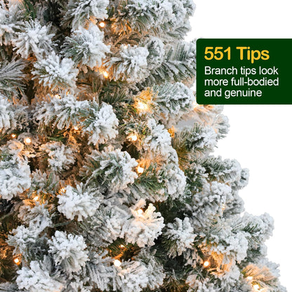 6 Ft Prelit Snow Flocked Christmas Tree, Artificial Christmas Tree with 250 Warm White LED Lights, 551 PVC Branch Tips, Easy Assembly with Metal Stand and Hinged Branches