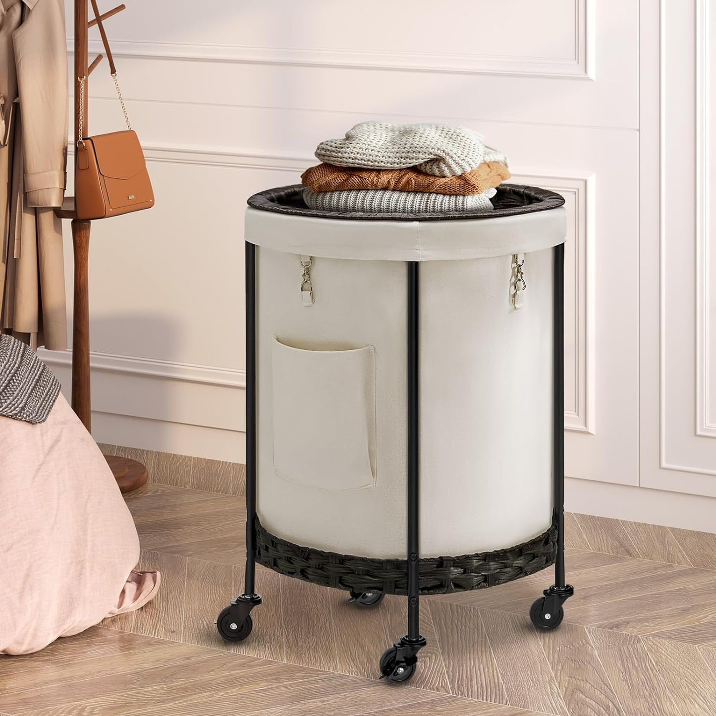 Laundry Hamper with Lid, 52.3 Gal Oversized Laundry Basket with Wheels, Rolling round Laundry Cart with Steel Frame and Removable Bag, 4 Casters and 2 Brakes, White