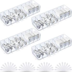 Tatuo 4-Pack Clear Cord Storage Organizer Box with 8 Removable Dividers & Wire Ties - Stackable Cable Management Solution for Electronics, Chargers, and Accessories - Perfect for Office Desks and Drawers Tatuo