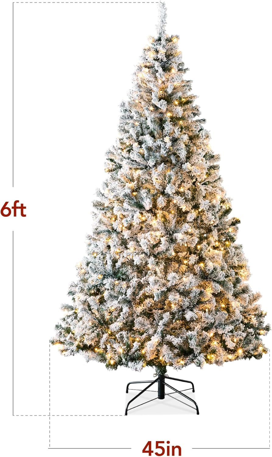 Pre-Lit Artificial Christmas Tree, 6Ft Snow Flocked Design Pine Tree, Full Appearance Snowy W/Easy Assembly, Metal Stand