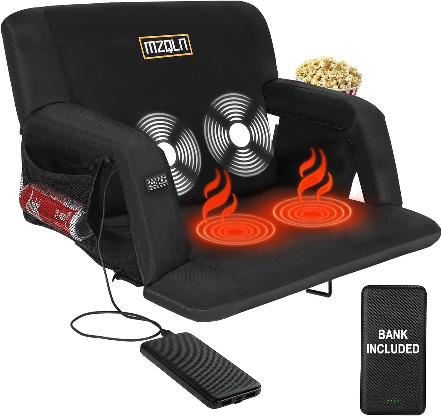 Heated Massage Stadium Seat, 25 Inch Bleacher Chair with 10000Mah Portable Bank, 6 Reclining Positions for Camping, Games & Sports