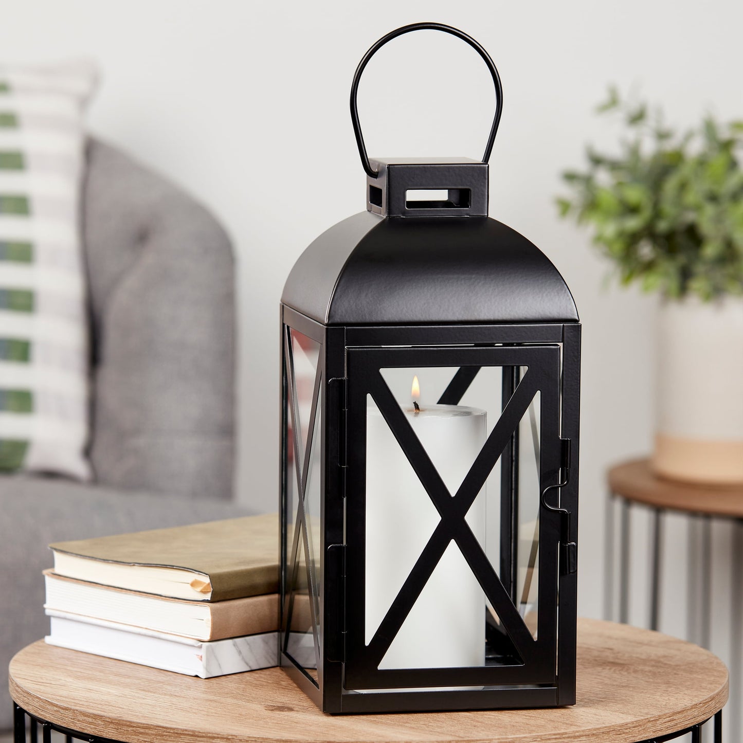 Elegant 12" Black Metal Pillar Candle Holder Lantern - Perfect for Home Decor!