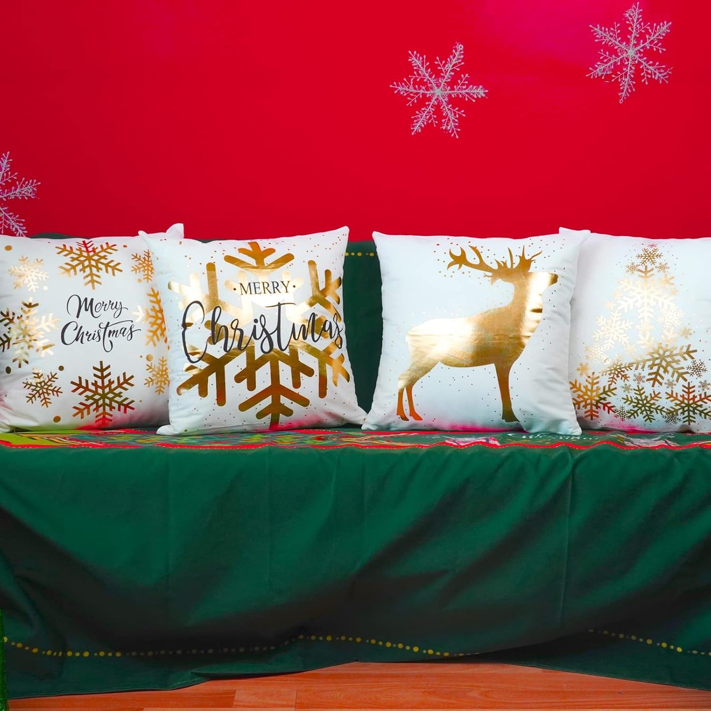 Christmas Decorations Gold White Throw Pillow Covers 18X18 Set of 4 Snowflakes Reindeer Decorative Cushion Cases Xmas Golden Decor for Couch Sofa Bedroom