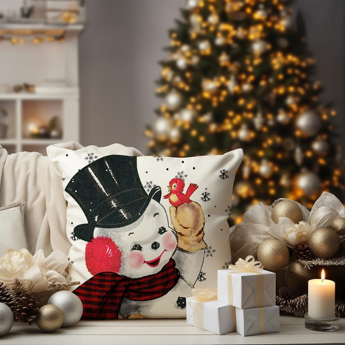 Red Christmas Pillow Covers 18X18 Set of 4 Santa Snowman Snowflake Farmhouse Buffalo Christmas Decorations Let It Snow Holiday Pillows Decorative Throw Cushion Case for Sofa