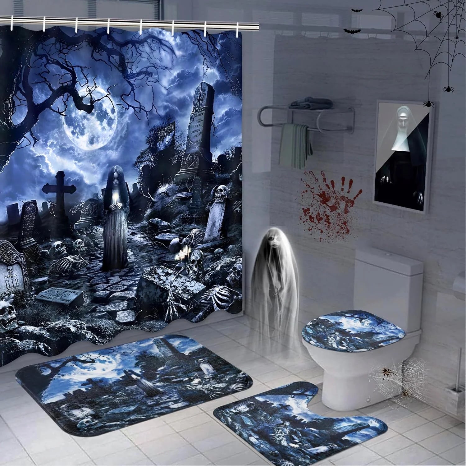 " 16-Piece Halloween Shower Curtain Set - Spooky Ghosts & Witches Bathroom Decor with Waterproof Fabric, 12 Hooks & Plush Toilet Rugs!"