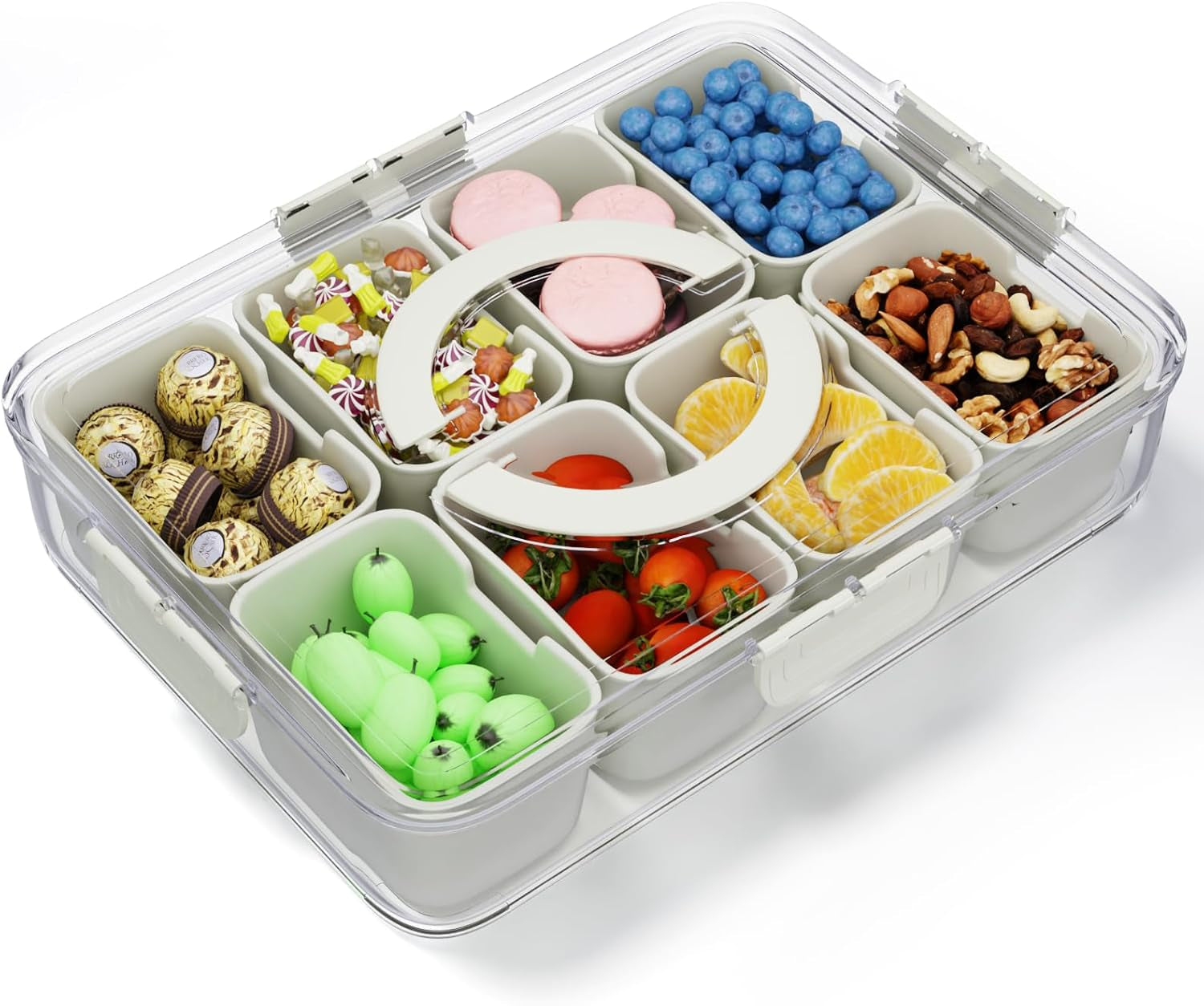 8 Compartments Snack Box Snackle Container, Divided Serving Tray with Lid ＆ Handle for Veggie Fruit Candy,Clear Removable Fridge Clear Serving Platters and Trays Box Organizer for Picnic Party Travel