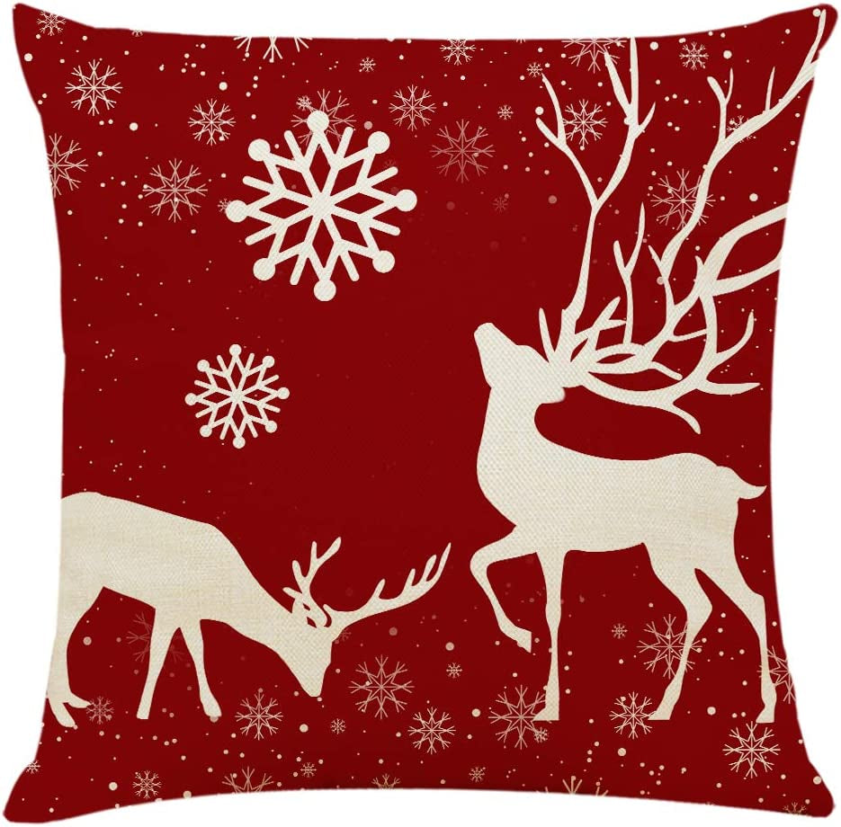 4PCS 18"X18" Throw Pillow Covers Christmas Decorative Couch Pillow Cases Cotton Linen Pillow Square Cushion Cover for Sofa, Couch, Bed (Red and Beige)