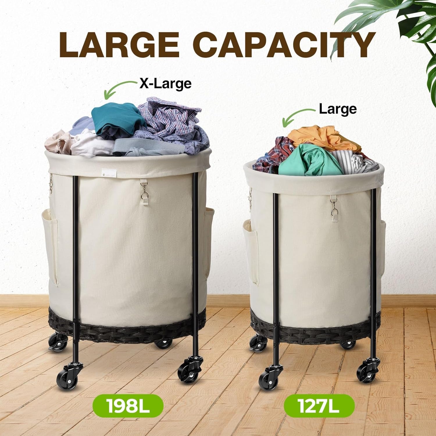 Laundry Hamper with Lid, 52.3 Gal Oversized Laundry Basket with Wheels, Rolling round Laundry Cart with Steel Frame and Removable Bag, 4 Casters and 2 Brakes, White