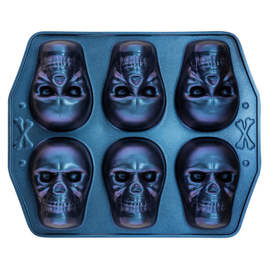 "Celebrate in Style: Iridescent Skull Cast Aluminum 6-Cavity Baking Pan"