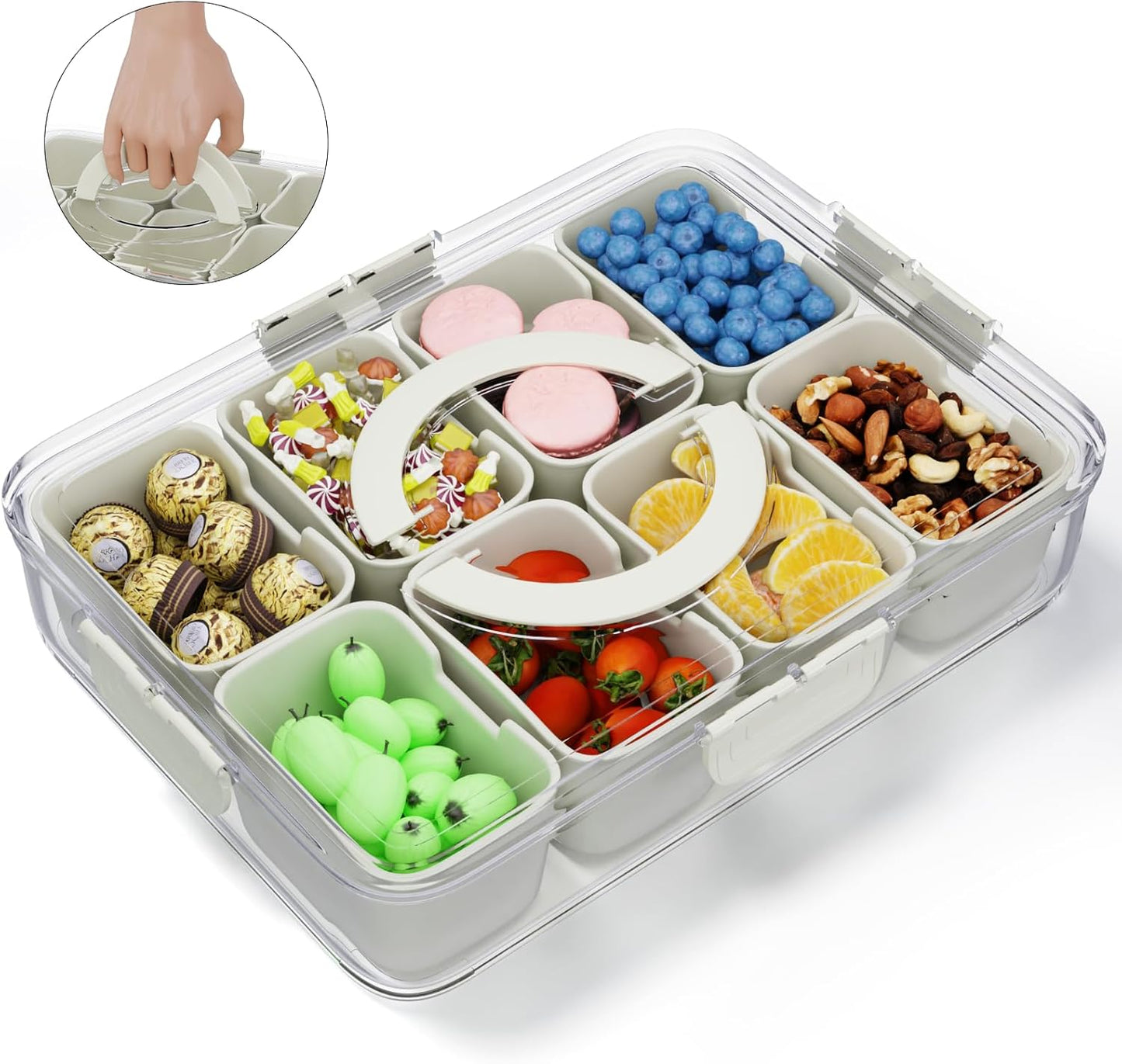 8 Compartments Snack Box Snackle Container, Divided Serving Tray with Lid ＆ Handle for Veggie Fruit Candy,Clear Removable Fridge Clear Serving Platters and Trays Box Organizer for Picnic Party Travel