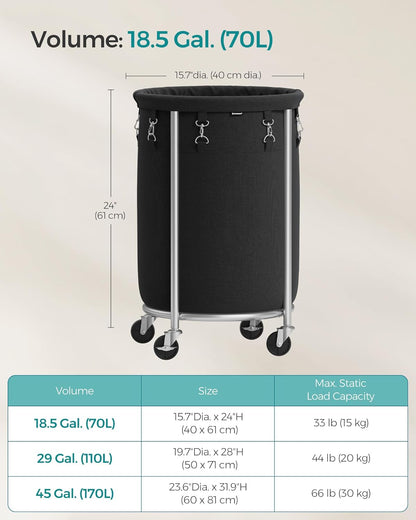 Laundry Basket with Wheels, Rolling Laundry Hamper, 18.5 Gal., round Laundry Cart with Steel Frame and Removable Bag, 4 Casters and 2 Brakes, Black and Silver URLS006B01